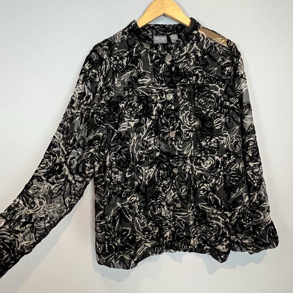 Additions Chico's Black Velvet Burnout Shirt Size XL Button Up Mandarin Collar